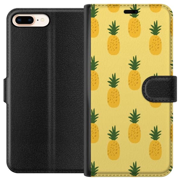Kompatibel Tegnebogsetui til Apple iPhone 8 Plus Minimalistisk mønster med gule ananaser og grønne blade mod en lysegul baggrund gul