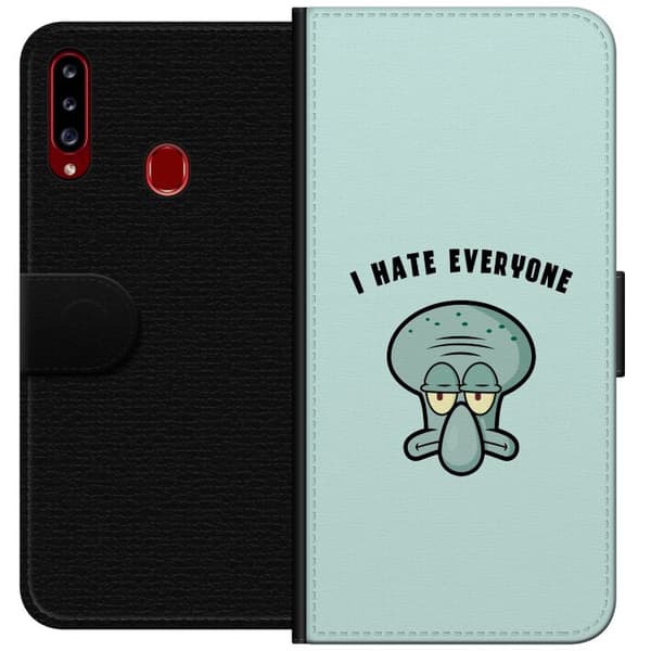 Kompatibel Tegnebogsetui til Samsung Galaxy A20s Tegnet utilfreds blækspruttefigur med teksten I Hate Everyone på lyse turkis baggrund blå