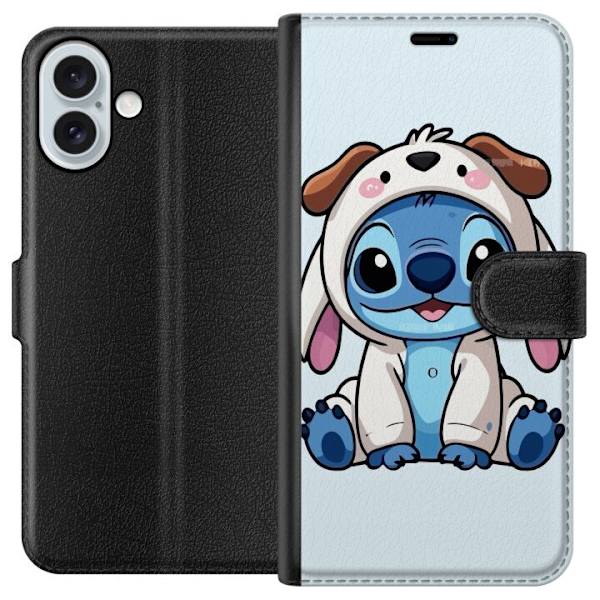 Apple iPhone 16 Plus Plånboksfodral Stitch Hundkostym Lilo & Stitch Disney Roligt Motiv Blå Alien Seriefigur Populär Barn Disneyfilm