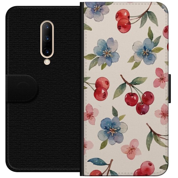 OnePlus 7 Pro Tegnebogsetui Bær & Blomster - mønster med blå blomster og skovbær