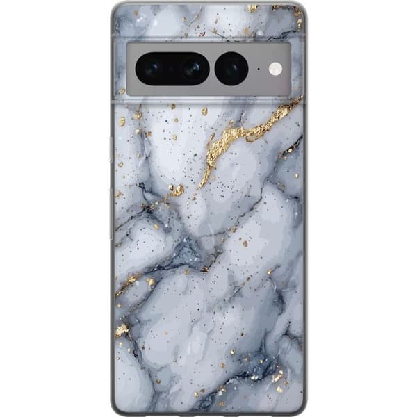 Kompatibelt Mobildeksel til Google Pixel 7 Pro Hvit og grå marmor med elegante årer, gullsprekker og skimrende detaljer hvit
