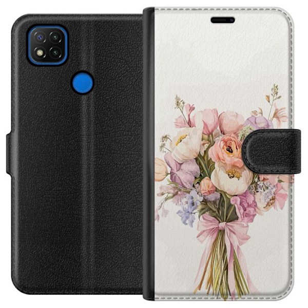 Xiaomi Redmi 9C Plånboksfodral Mobilskal med färgglad blombukett i romantisk stil
