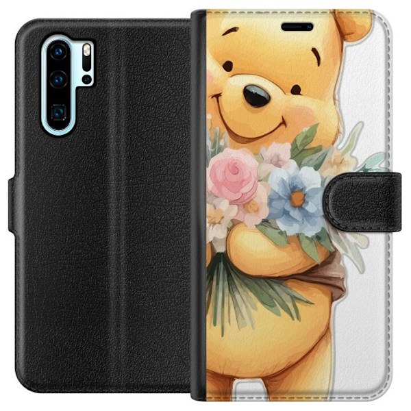 Huawei P30 Pro Tegnebogsetui Nalle Puh med blomster - klassisk børnefavorit i en blomstrende forårs miljø