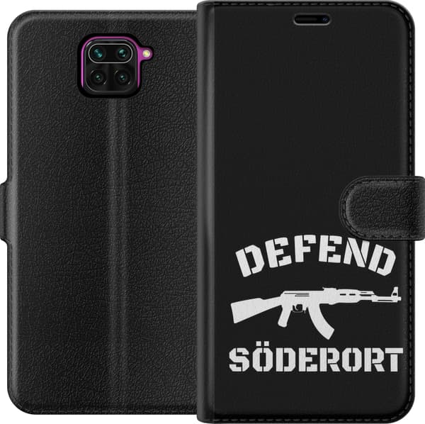 Kompatibel Tegnebogsetui til Xiaomi Redmi Note 9 Sort Söderort - hvidt områdeslogan og hvid våbensilhuet på sort baggrund sort