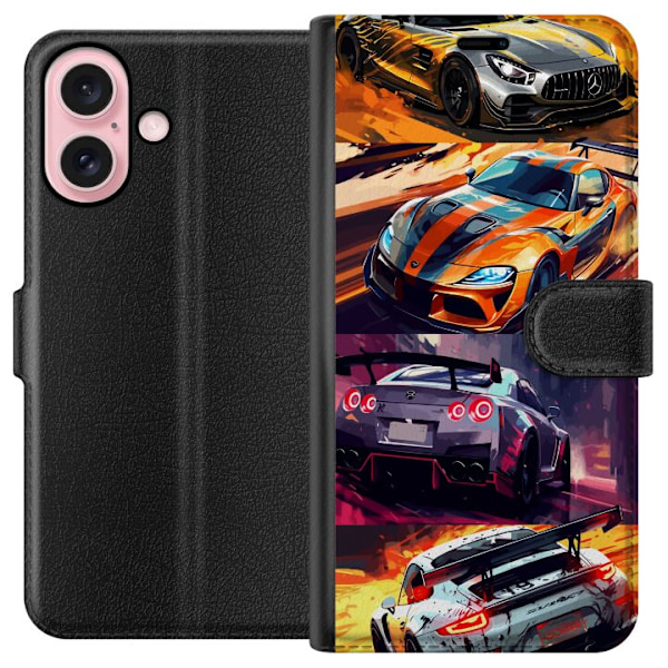 Apple iPhone 16 Plånboksfodral Rally Fever – fartfyllt motiv med rallybilar
