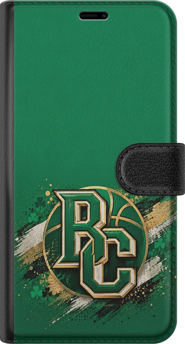 Kompatibel Tegnebogsetui til Apple iPhone 14 Pro Max Boston Celtics – Grønt monogram – Grønt og guldfarvet sammenflettet bogstavsmonogram med basketb grøn