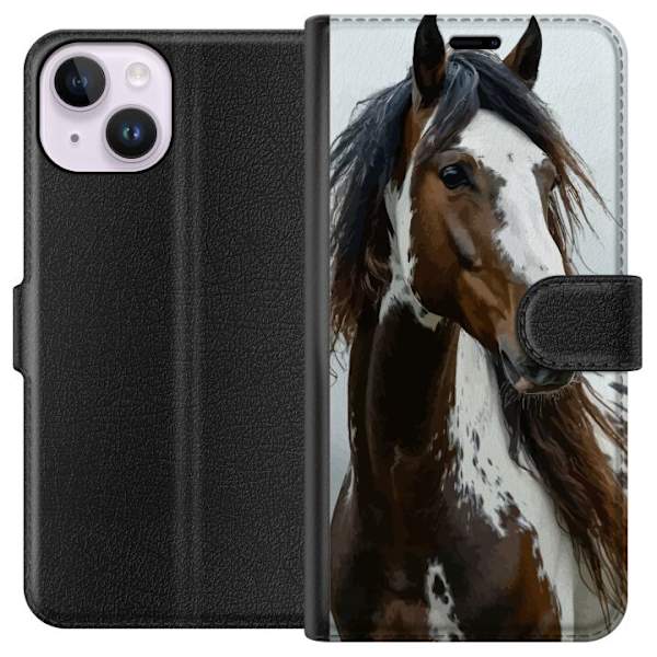 Apple iPhone 14 Plånboksfodral Häst Djurmotiv Grafisk Design Natur Kraftfullt Motiv Populär Väggkonst Djurtema Ridning