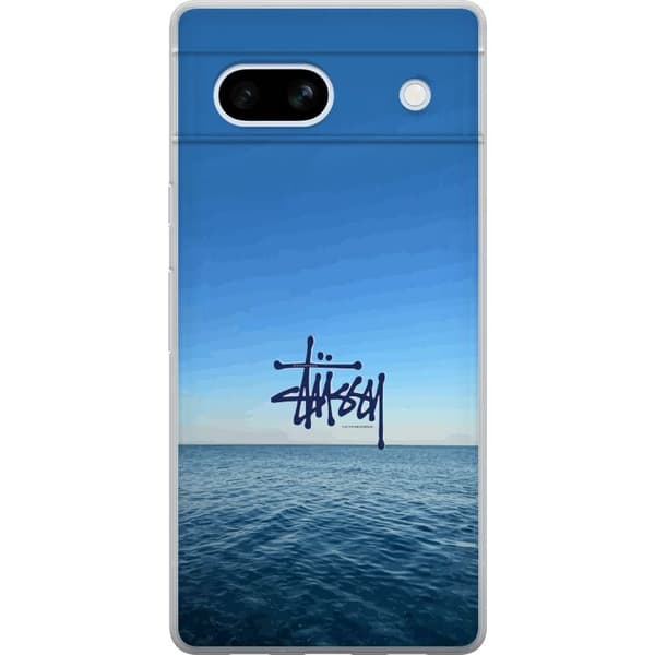 Kompatibelt Mobildeksel til Google Pixel 7a Havspanorama med blå himmel og stilig surf-inspirert logo blå
