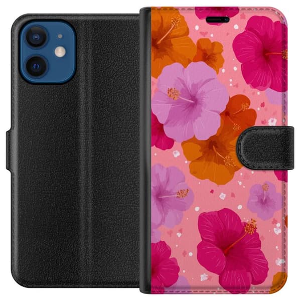 Kompatibel Tegnebogsetui til Apple iPhone 12 Lyserød hibiscus tropisk blomstermønster