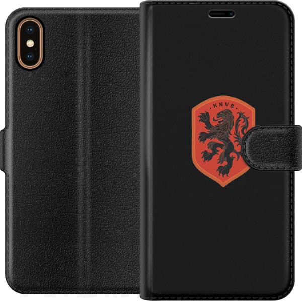 Kompatibel Tegnebogsetui til Apple iPhone XS Orange skjold med sort heraldisk løve mod sort baggrund sort