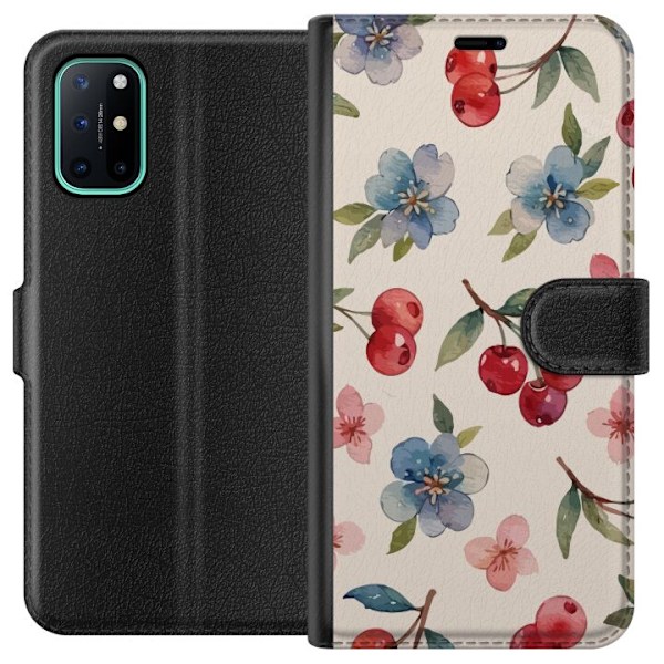 OnePlus 8T Tegnebogsetui Bær & Blomster - mønster med blå blomster og skovbær