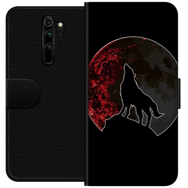 Kompatibel Tegnebogsetui til Xiaomi Redmi Note 8 Pro  Sort silhuet af en hylende ulv foran en dramatisk rød måne mod sort baggrund sort