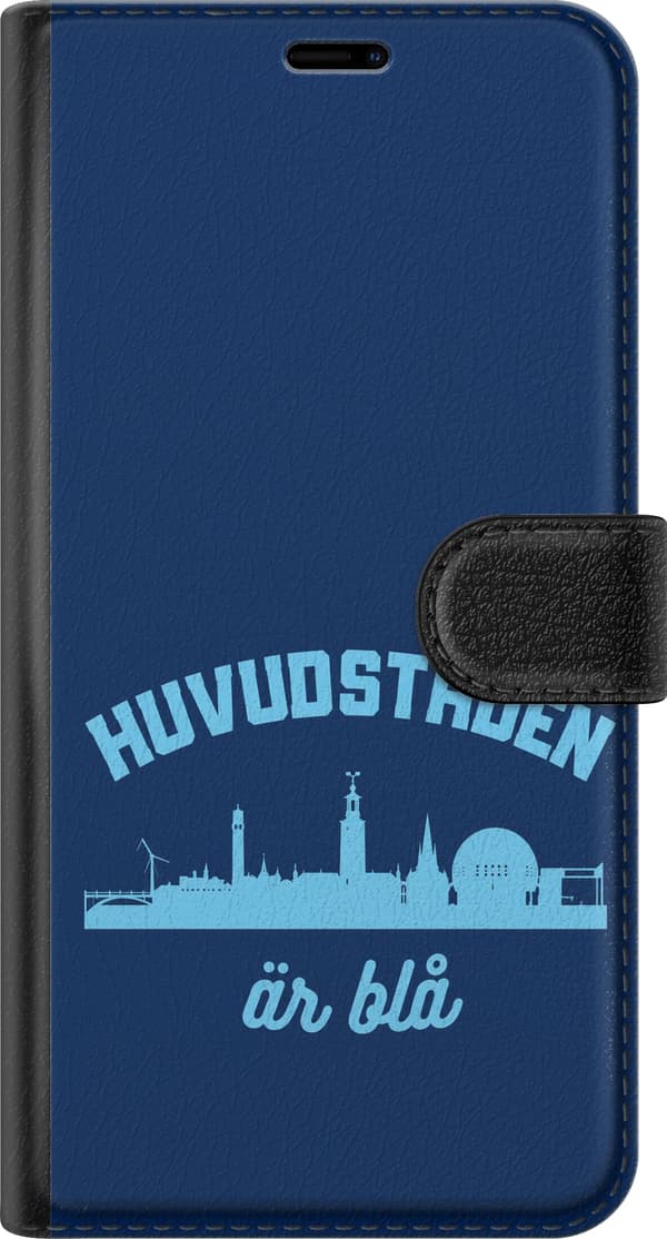 Kompatibel Tegnebogsetui til Apple iPhone 14 Pro Max Blå hovedstad - Lyseblå bysilhuet og svensk tekst på mørkeblå baggrund blå