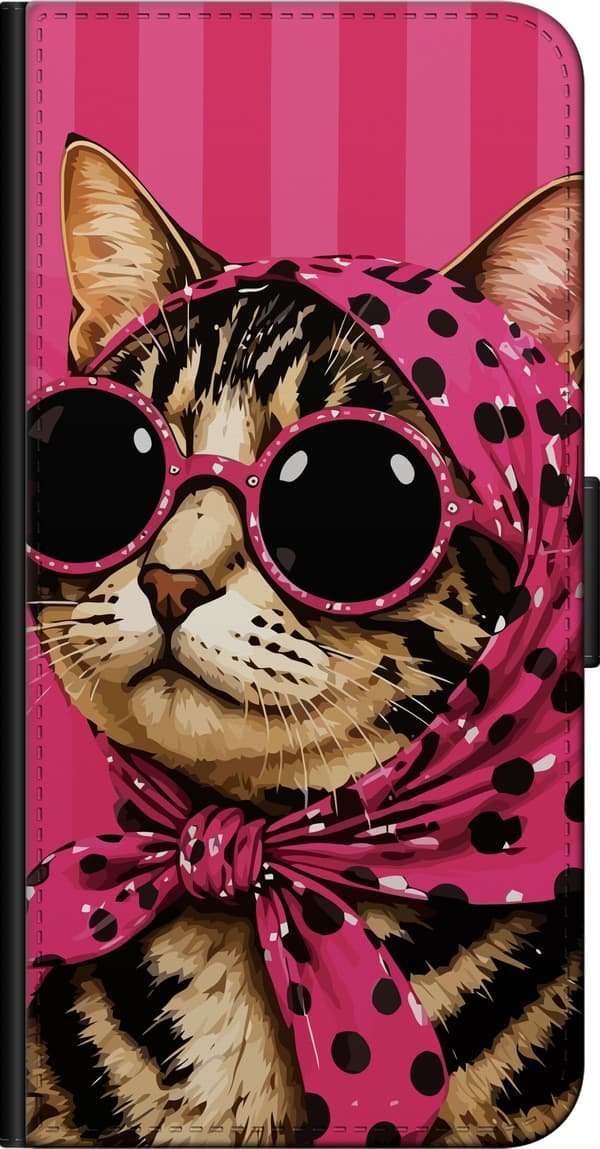 Kompatibel Tegnebogsetui til Xiaomi Redmi Note 8 Pro  Stribet kat med lyserødt tørklæde, sorte prikker og store briller på lyserøde striber pink