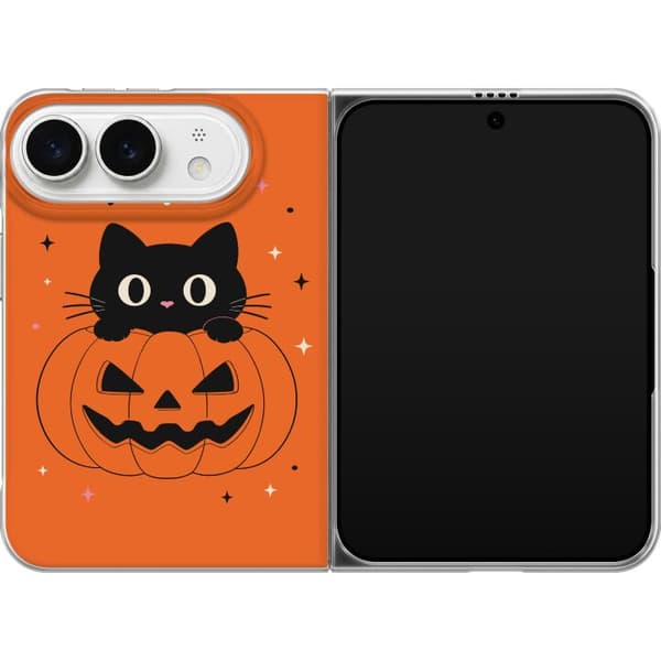 Kompatibel Mobilcover til Apple iPhone Duo Sort kat og halloween-græskar med stjerner på orange baggrund orange