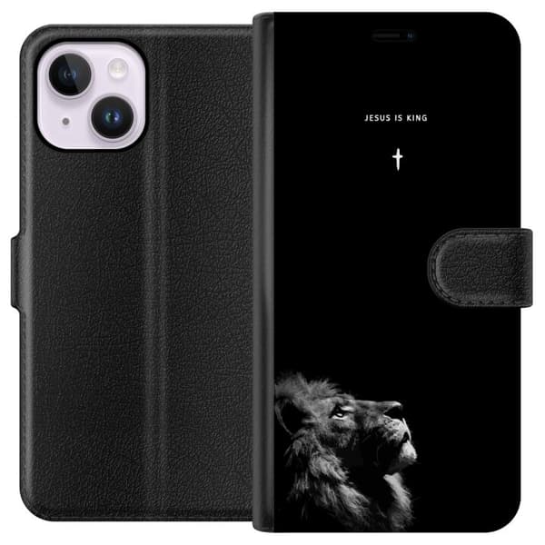 Kompatibel Tegnebogsetui til Apple iPhone 14 Plus Lejon med Jesus is King citat sort