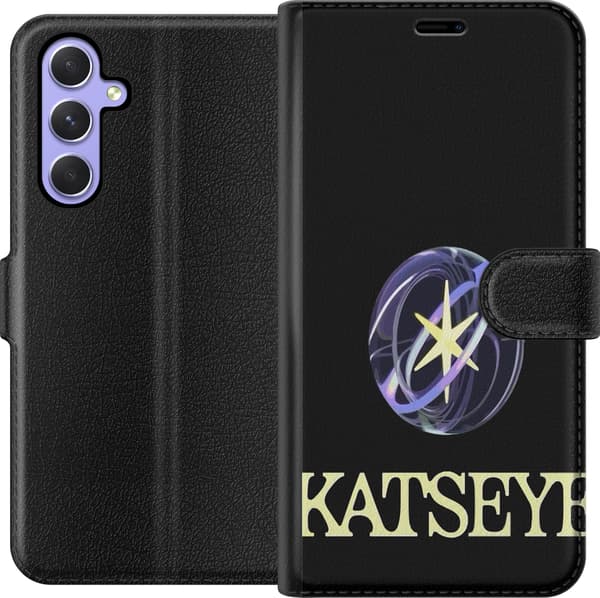 Kompatibel Tegnebogsetui til Samsung Galaxy A54 KATSEYE-logo med gul stjerne, lilla omløbsringe og lys typografi mod sort baggrund sort