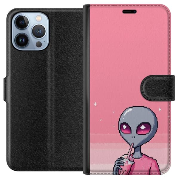 Kompatibel Tegnebogsetui til Apple iPhone 13 Pro Max Retro-pixelillustration af en grå alien, der drikker lyserød drik på lyserød baggrund pink