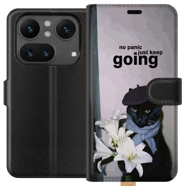 Kompatibel Tegnebogsetui til Nothing Phone (4a) Sort kat med basker og hvide blomster sammen med motiverende citater, charmerende dyremotiv grå