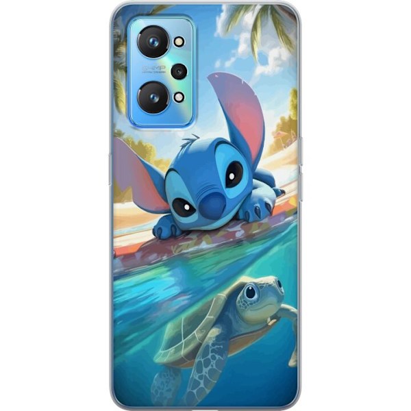 Realme GT Neo2 Genomskinligt Skal Stitch med sköldpadda – söt blå alien i tropisk strandmiljö från Disney