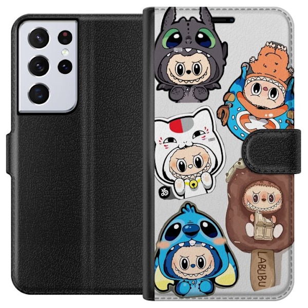 Samsung Galaxy S21 Ultra 5G Tegnebogsetui Labubu figur samling - Pop Mart Labubu The Monsters i farverigt design