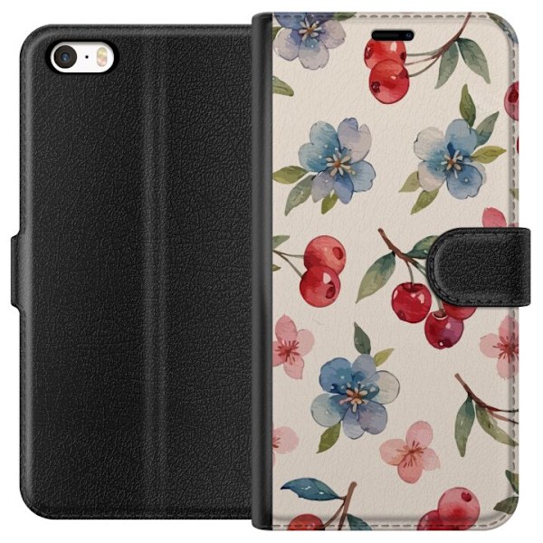 Apple iPhone SE (2016) Tegnebogsetui Bær & Blomster - mønster med blå blomster og skovbær