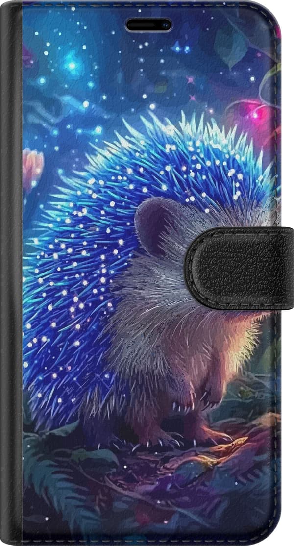 Kompatibelt Lommeboketui til Apple iPhone 17 Pinnsvin med blålysende pigger blant planter og stjernelignende lyspunkter blå