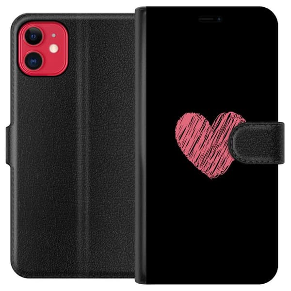 Kompatibel Tegnebogsetui til Apple iPhone 11 Håndtegnet lyserødt hjerte på sort minimalistisk baggrund