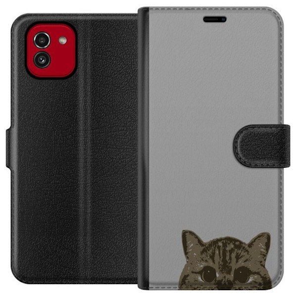 Samsung Galaxy A03 Plånboksfodral Grå Kattblick – stilren kattdesign med grå bakgrund