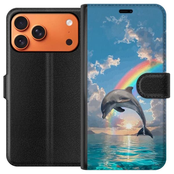 Kompatibelt Plånboksfodral till Apple iPhone 17 Pro Max Realistisk delfin framför regnbåge över lugnt hav blå