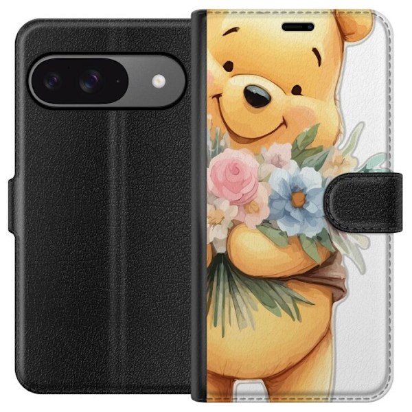 Google Pixel 9 Pro Lompakkokotelo Nalle Puh kukkien kanssa - k