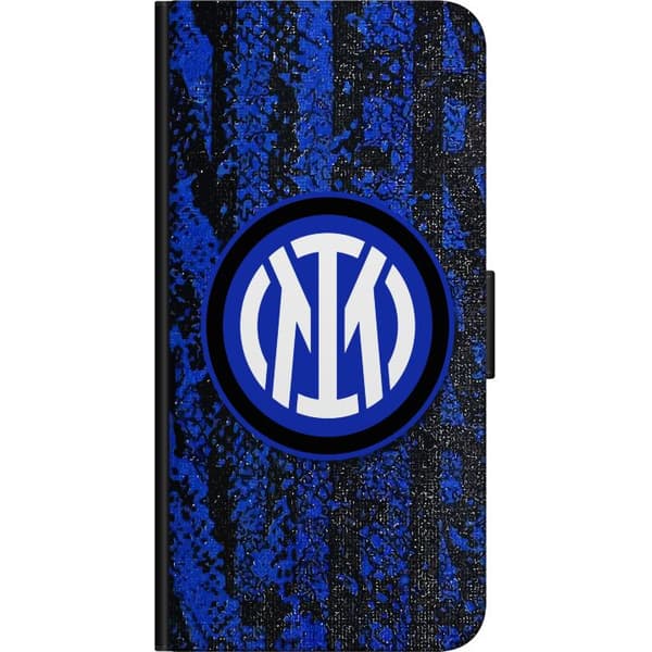 Kompatibel Tegnebogsetui til OnePlus 8 Blåsort fodboldinspireret emblem mod struktureret blå og sort baggrund blå