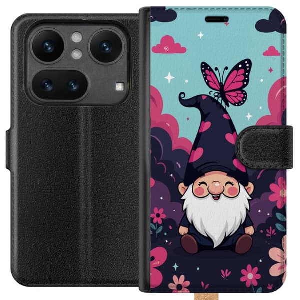 Kompatibel Tegnebogsetui til Nothing Phone (4a) Sød illustreret nisse med lyserøde hjerter, sommerfugl og blomster i lyserøde og mørkeblå nuancer blå