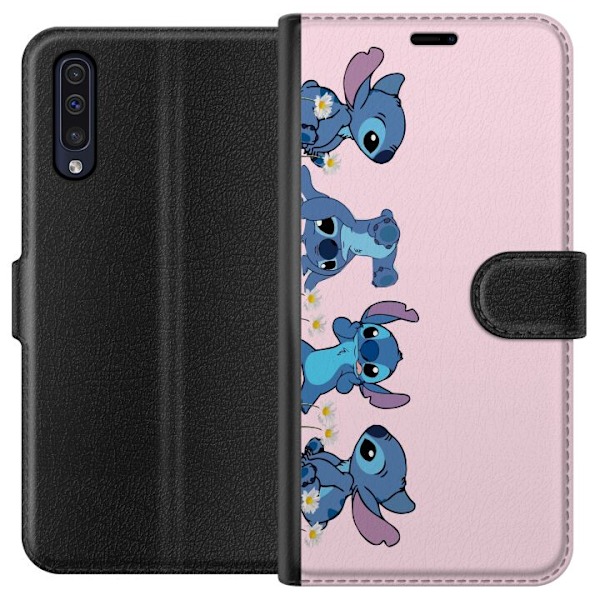 Samsung Galaxy A50 Plånboksfodral Stitch Skratt & Bus – Perfekt för Mobilskal eller Poster