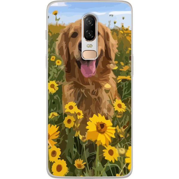 OnePlus 6 Genomskinligt Skal Golden Retriever Solrosfält Hundmotiv Natur Sommar Design Populärt Hundras Familjefavorit