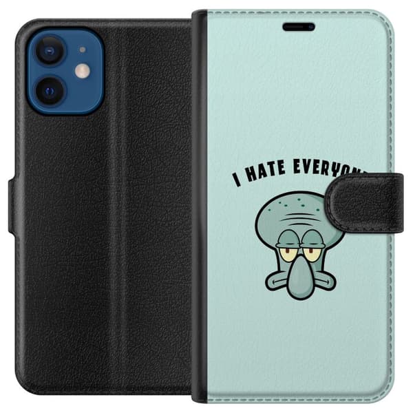 Kompatibel Tegnebogsetui til Apple iPhone 12 Tegnet utilfreds blækspruttefigur med teksten I Hate Everyone på lyse turkis baggrund blå