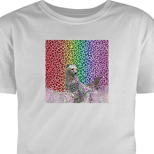 T-shirt til Voksen Grå X-Large Farverig leopard i regnbuefarver mod matchende leopardmønstret baggrund grå XL