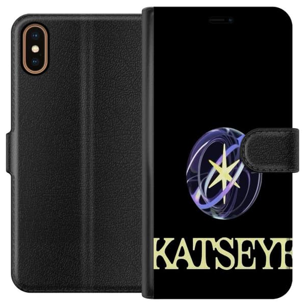 Kompatibel Tegnebogsetui til Apple iPhone XS KATSEYE-logo med gul stjerne, lilla omløbsringe og lys typografi mod sort baggrund sort