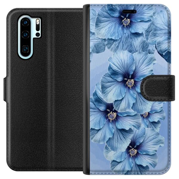 Kompatibel Tegnebogsetui til Huawei P30 Pro Store lyseblå blomster med mørkeblå centre mod blå baggrund blå