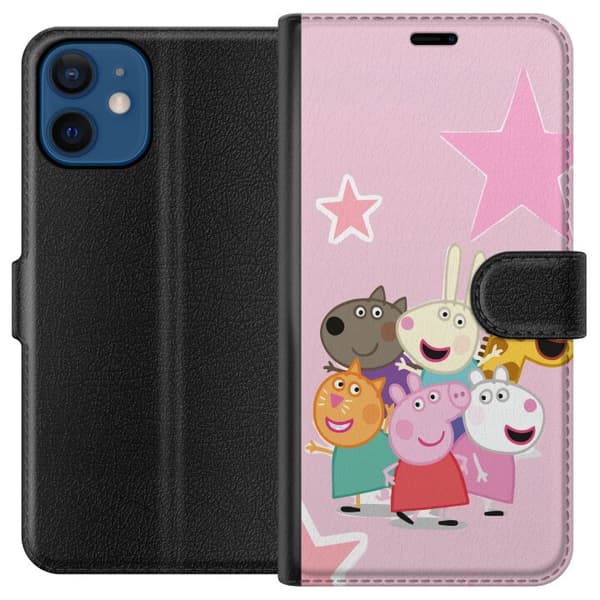 Kompatibel Tegnebogsetui til Apple iPhone 12 mini Gurli Gris og venner samlet med stjerner på lyserød baggrund, farverig børneillustration