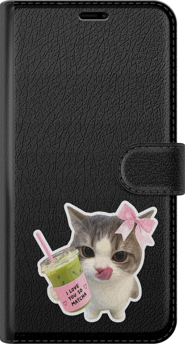 Kompatibel Tegnebogsetui til Apple iPhone 5s Matchakat - Gråt motiv med kat med matchadrik og sløjfe. grå