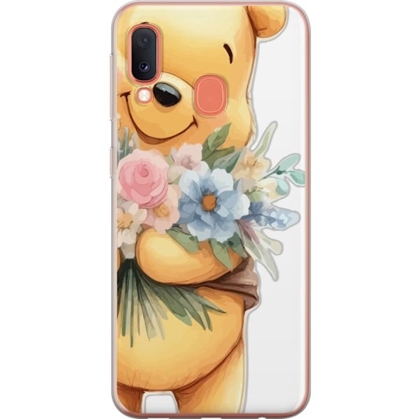 Samsung Galaxy A20e Genomskinligt Skal Nalle Puh med blommor – klassisk barnfavorit i blommande vårmiljö