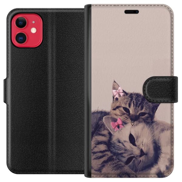 Kompatibel Tegnebogsetui til Apple iPhone 11 Hyggelig illustration af to søde katte med lyserøde sløjfer pink