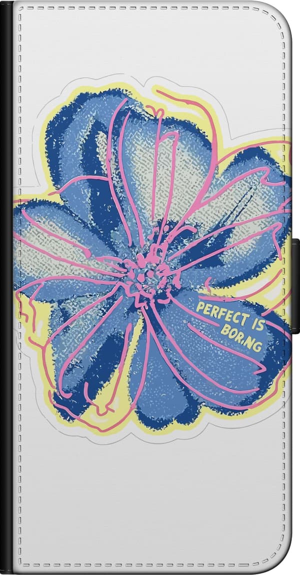 Kompatibel Tegnebogsetui til OnePlus 9 Pro Stor blå blomst med lyserøde konturer, gule detaljer og teksten Perfect Is Boring blå