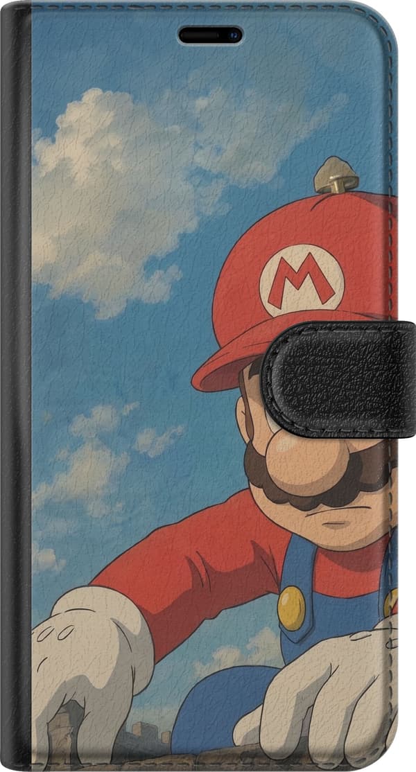 Kompatibelt Plånboksfodral till Apple iPhone 14 Super Mario framför dramatiskt slott med Bowser symboler och blå himmel blå