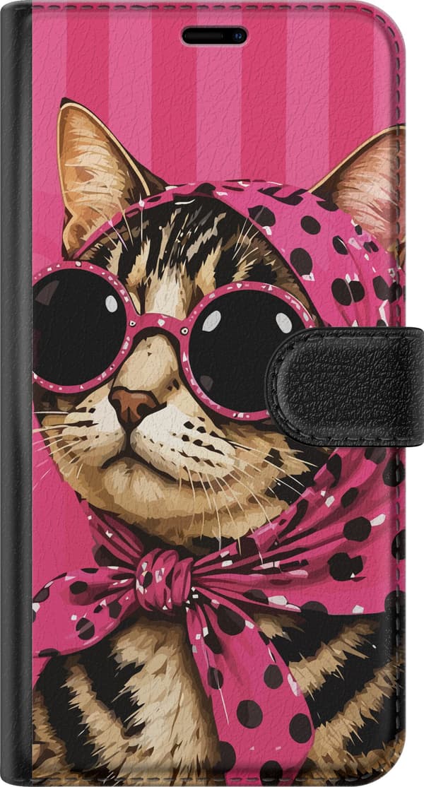 Kompatibel Tegnebogsetui til Apple iPhone 7 Plus Stribet kat med lyserødt tørklæde, sorte prikker og store briller på lyserøde striber pink