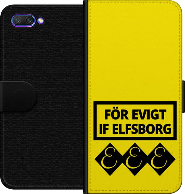 Kompatibel Tegnebogsetui til Honor 10 Gul evighedstekst - Sort supportertekst i rektangulær ramme over tre sorte symboler på gul baggrund gul