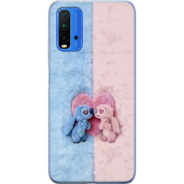 Kompatibelt Mobildeksel til Xiaomi Redmi Note 9 4G Søte blå og rosa figurer foran et stort rosa hjerte rosa