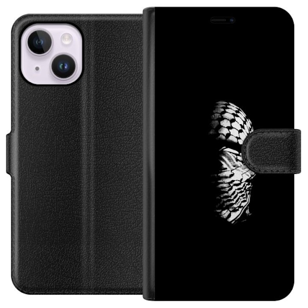 Apple iPhone 15 Plus Tegnebogsetui Keffiyeh-mønster - klassisk sort-hvid palæstinensisk tørklæde med kulturel betydning