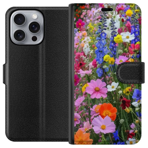 Apple iPhone 16 Pro Max Lompakkokotelo Kukkakuvioinen mobiilikuori kesäisellä niityllä ja luontomaisemalla